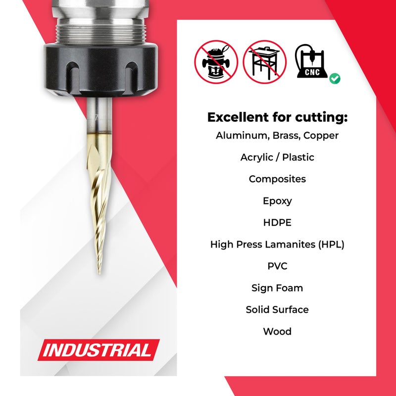 Amana Tool Up Cut Spiral CNC Router Bits for 2D/3D Carving, ZrN Coated, 46280, 6.2 Deg Tapered Angle Ball Tip x 1/32 D x 1/64 R x 1 x 1/4 Shank 3 Fl - Image 3